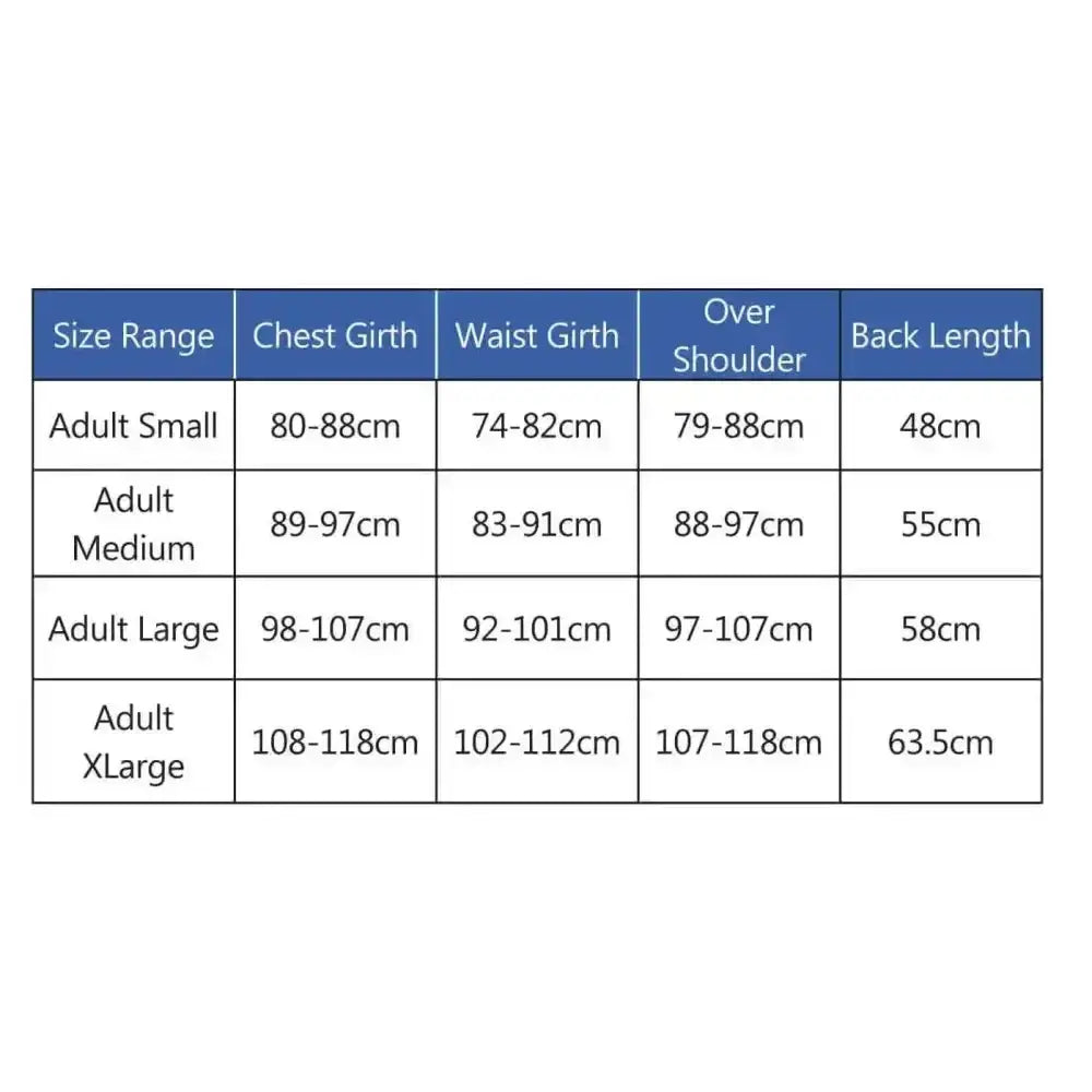 Size chart for rhinegold pro-comfort adult body protector beta level 3 showing chest waist shoulder and back measurements in cm