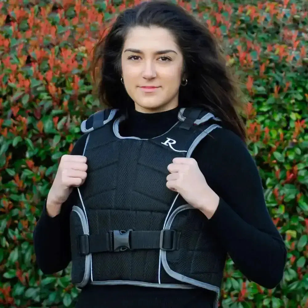 Black and gray rhinegold pro-comfort adult body protector beta level 3 with textured mesh and adjustable straps