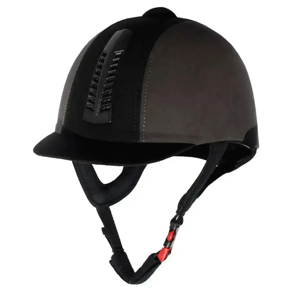Black rhinegold pro riding hat with matte finish gray paneling and bridgestone logo for riding hat traditional use