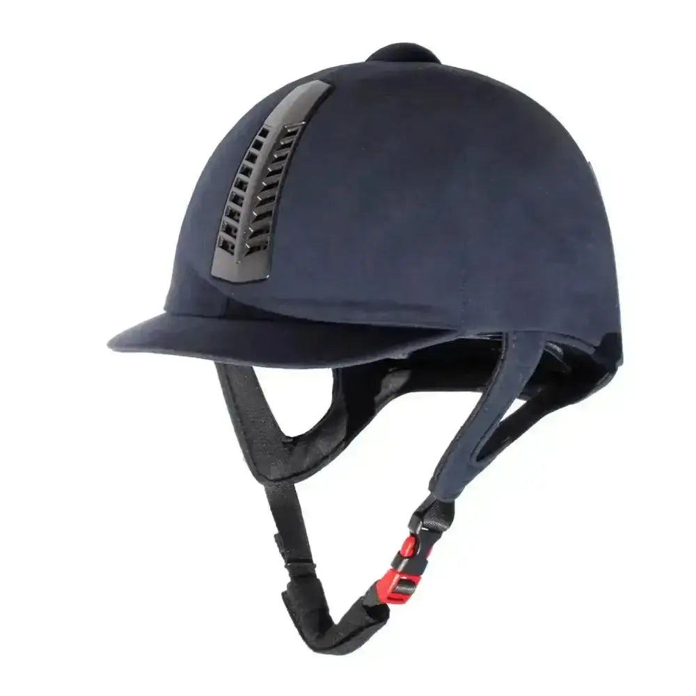 Navy blue rhinegold pro riding hat with black ventilation slats and red buckle straps riding hat traditional finish