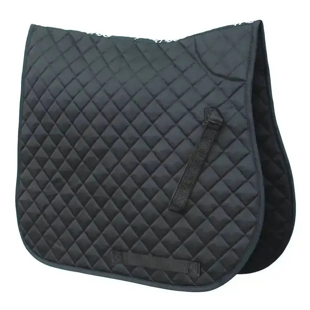 Black rhinegold quilted cotton saddle pad with diamond stitching and adjustable straps for comfy riding