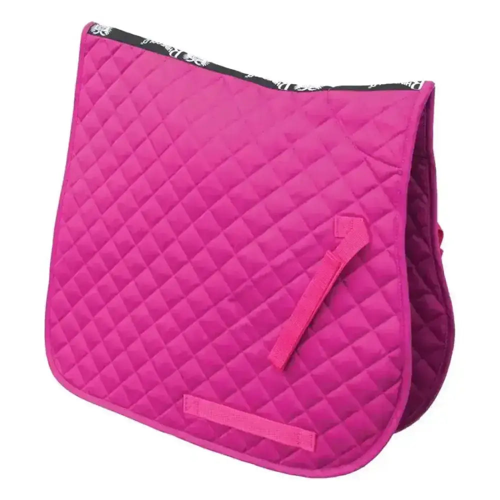 Vibrant fuchsia rhinegold quilted cotton saddle pad with black and white patterned trim for horse riding