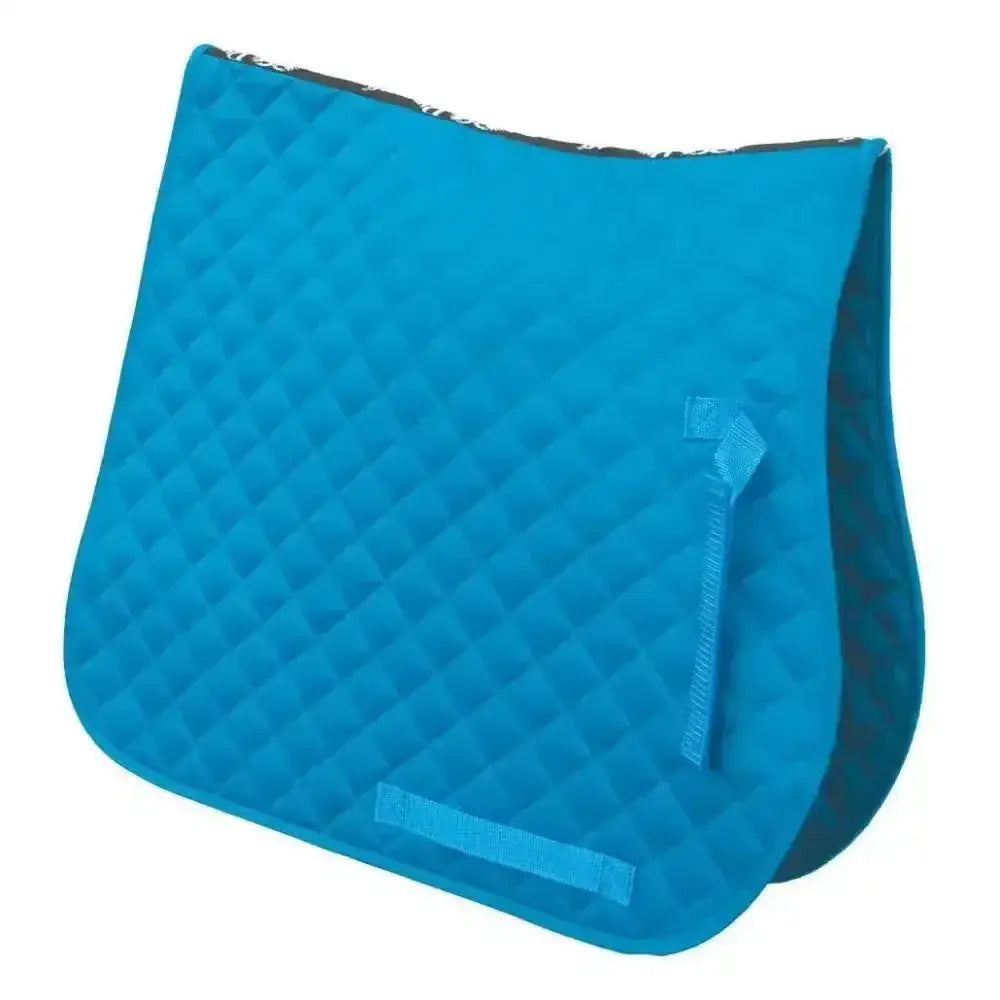 Bright blue rhinegold quilted cotton saddle pad with diamond pattern and matching fabric straps for horses