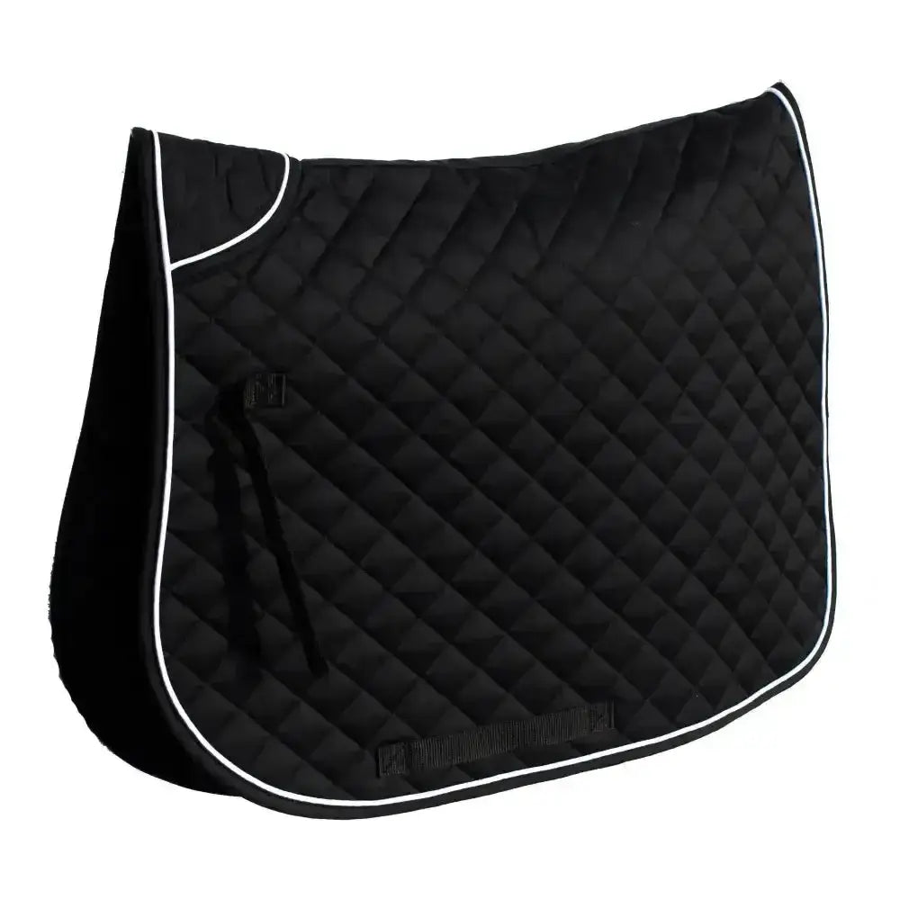 Black rhinegold quilted saddle pad with white contrasting colour piping and subtle logo on the side