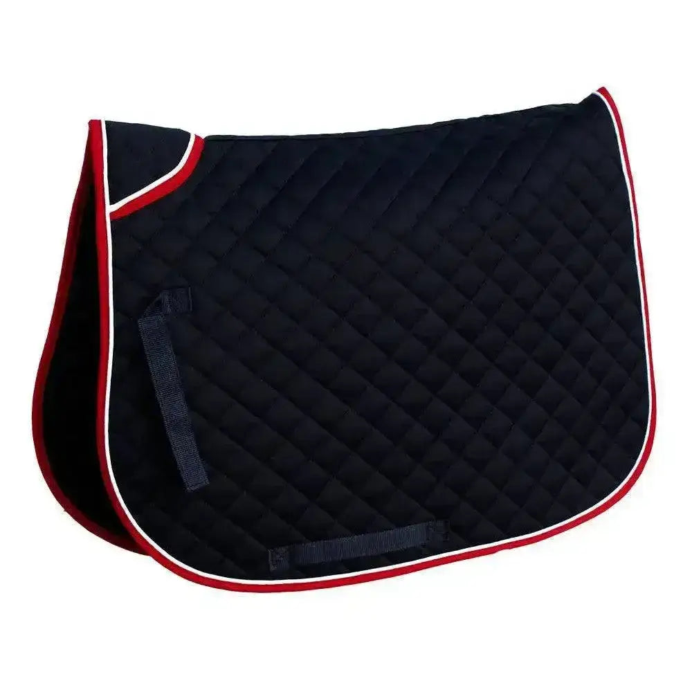 Black rhinegold quilted saddle cloth with red and white contrasting colour piping for horse riding