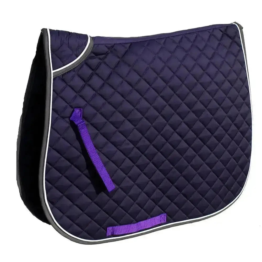 Navy blue rhinegold quilted saddle cloth with purple trim and contrasting colour piping for horse riding