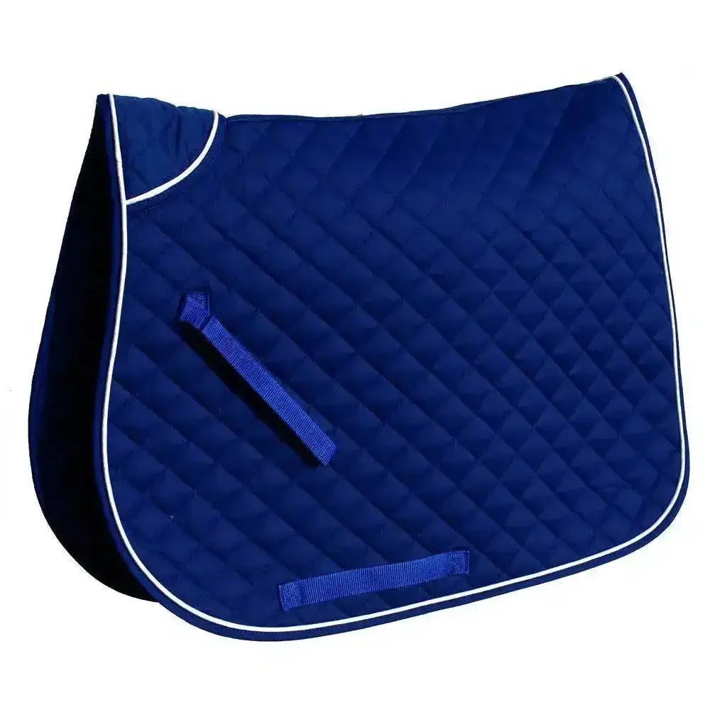 Royal blue rhinegold quilted saddle with contrasting colour piping and matching fabric strap for riding use