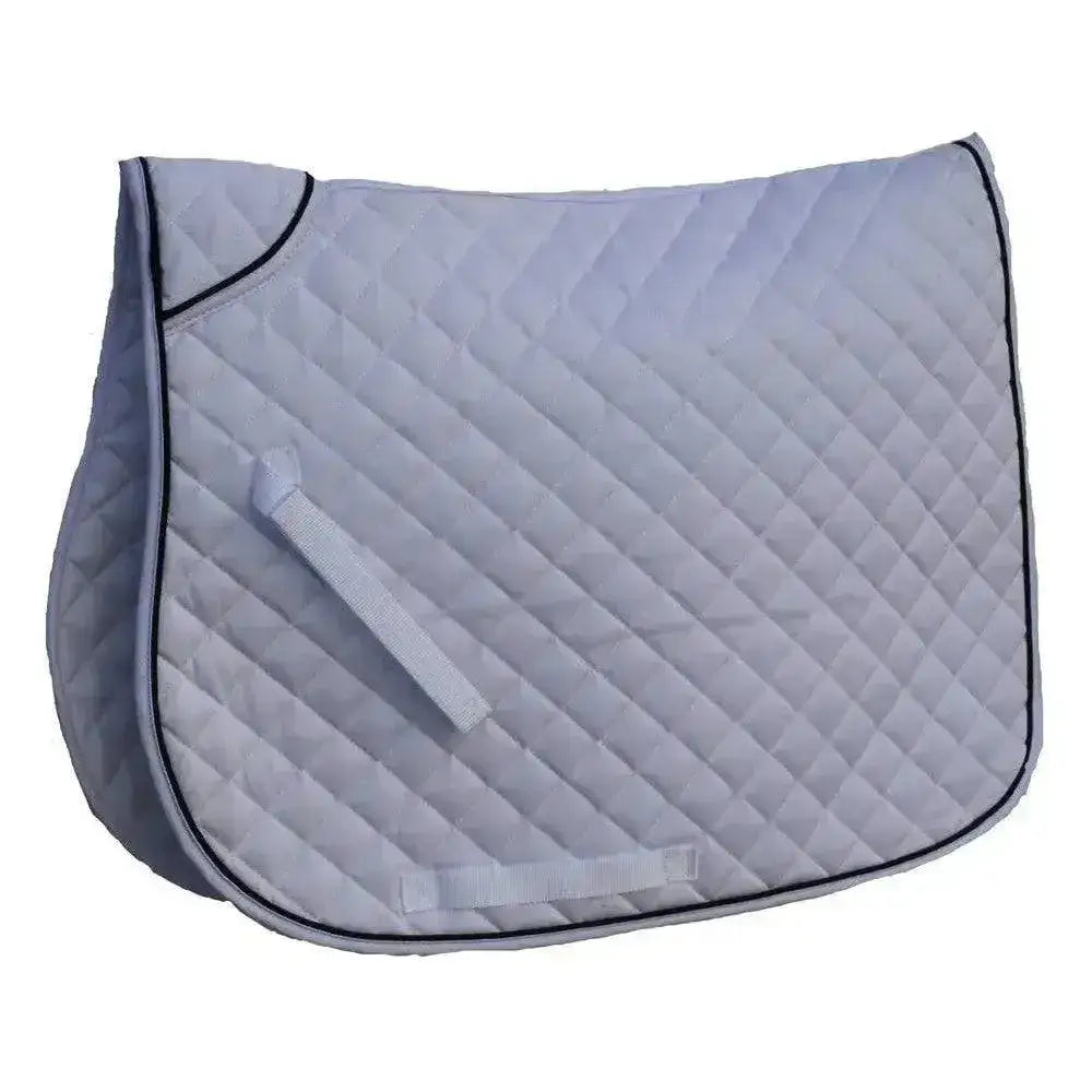Light gray rhinegold quilted saddle with contrasting colour piping and a white strap for extra security