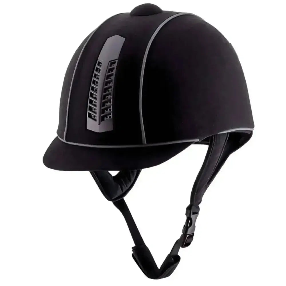 Black rhinegold reflective pro ventilated riding hat with silver reflective stripes and branded logo on the side