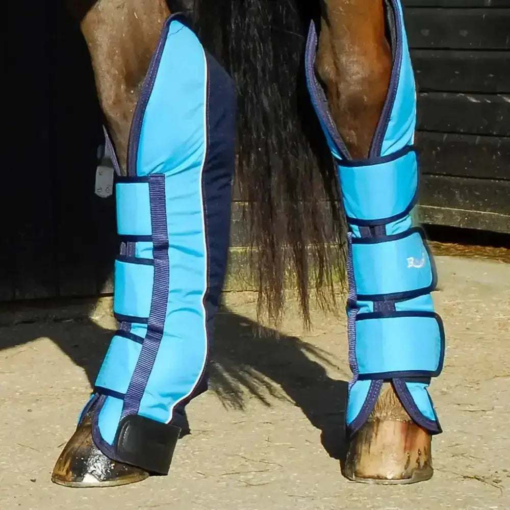 Bright blue and navy rhinegold ripstop full length travel boots with padded sections and tough nylon outer for long travel boots
