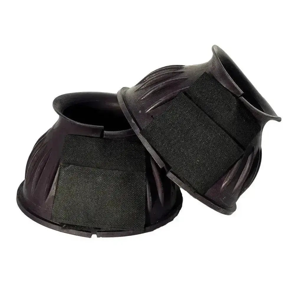 Black rhinegold rubber reach boots with velcro straps and textured ridges protect horses fetlock and hoof area