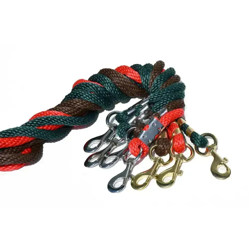 A braided red and dark green rhinegold satin feel heavy duty leadrope with silver gold and brass metal clasps