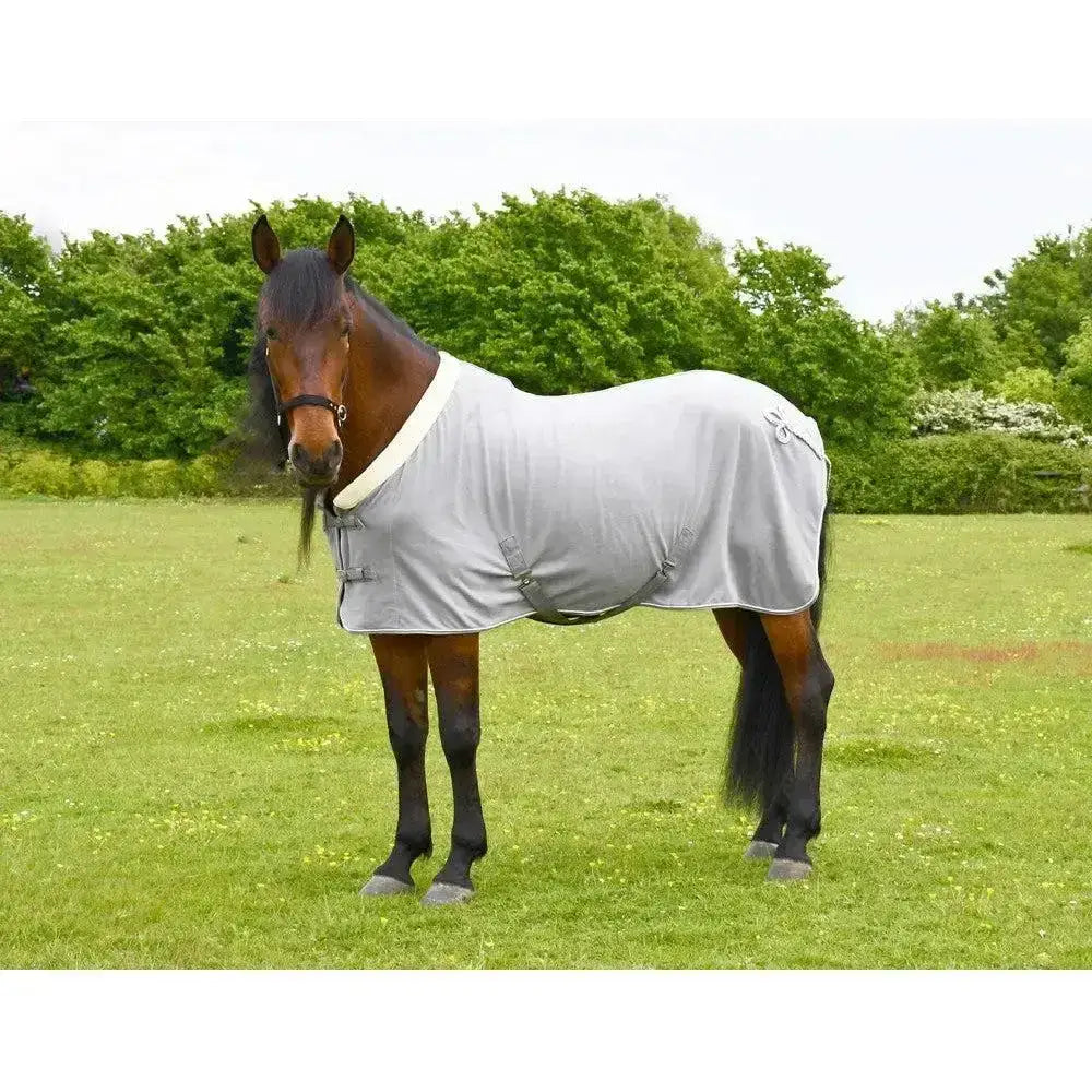 Gray rhinegold show fleece horse blanket with white trim and adjustable straps made of quality anti-pill fleece with padded fur collar