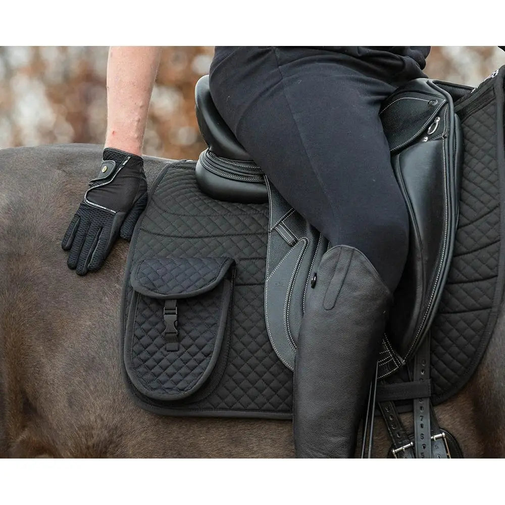 Black quilted Rhinegold saddle pad with front pocket and diamond stitching offers shock absorption and foam pads for comfort
