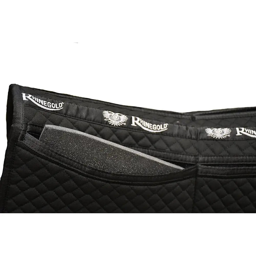 Black quilted rhinegold horse saddle pad with a silver glittery foam insert for shock absorption and comfort