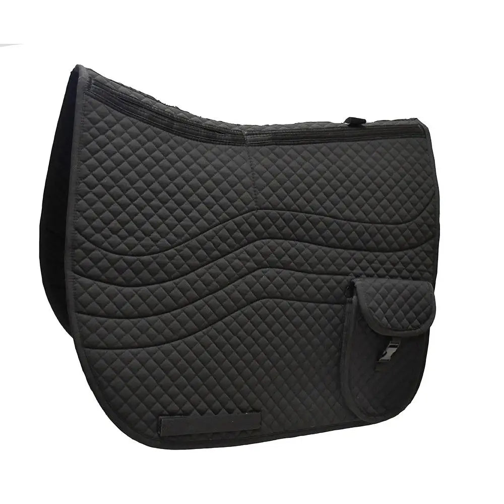 Black quilted rhinegold side pocket horse saddle pad with diamond stitching and foam pads for shock absorption
