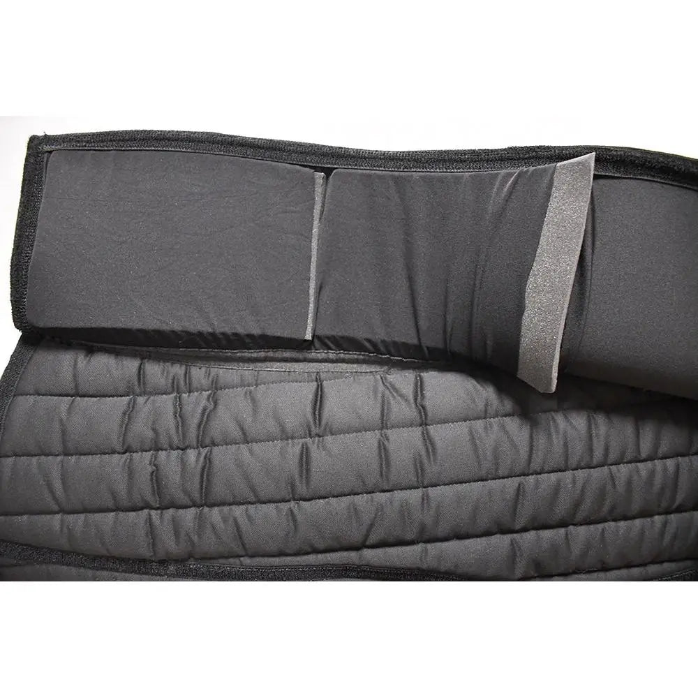 Black quilted interchangeable saddle pad with padded memory foam slim sections and gray reflective strip by rhinegold silicone