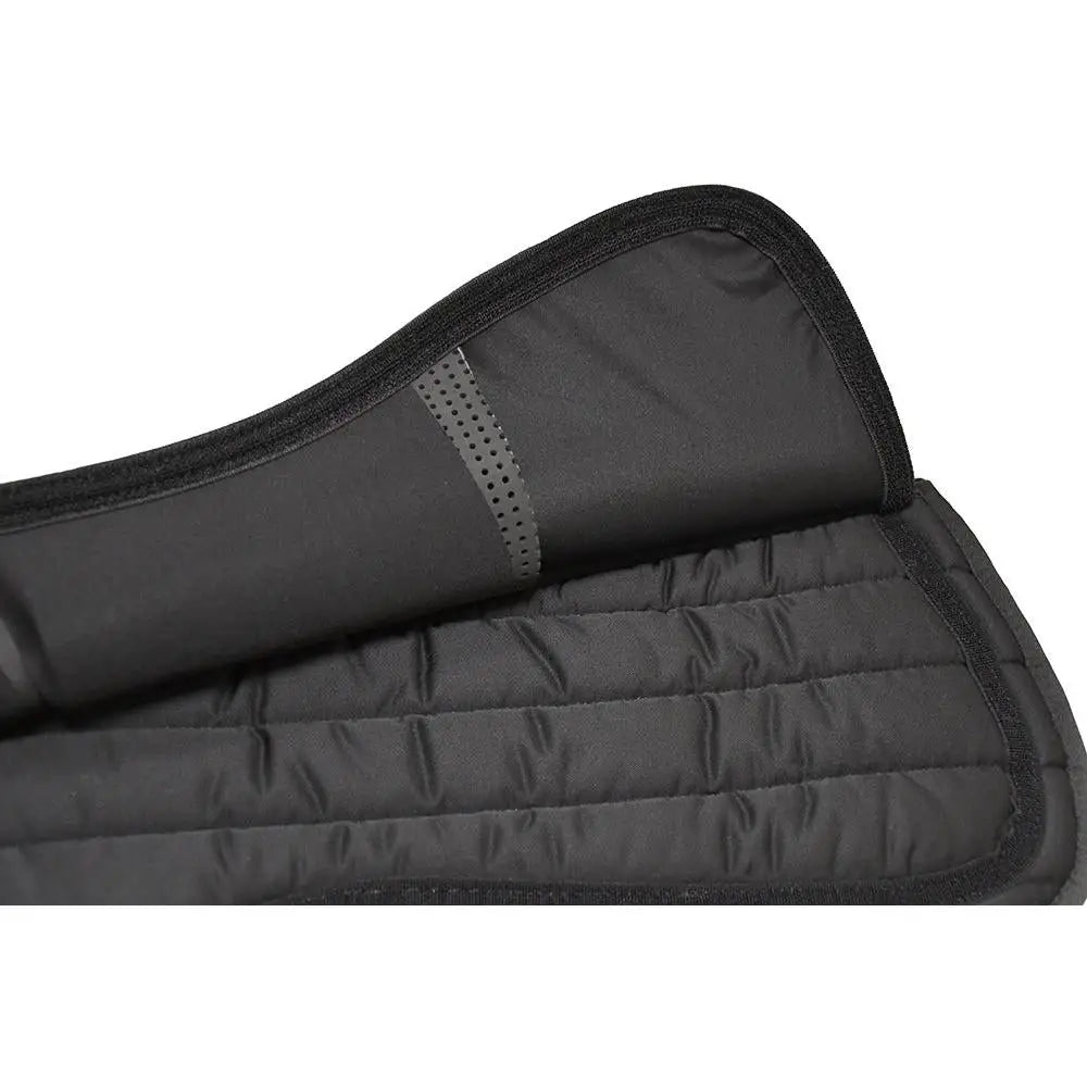 Black quilted rhinegold silicone saddle pad with perforated gray strip featuring memory foam and slim ventilated foam pads