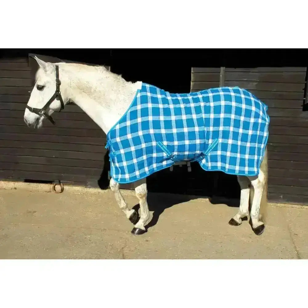 Blue and white plaid horse blanket featuring rhinegold smart-tec weave waffle fabric for cooling and comfort