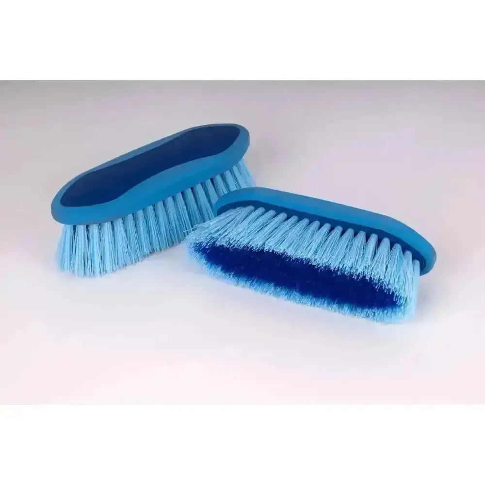 Two blue rhinegold soft touch dandy brushes with light and dark blue bristles for grooming horses