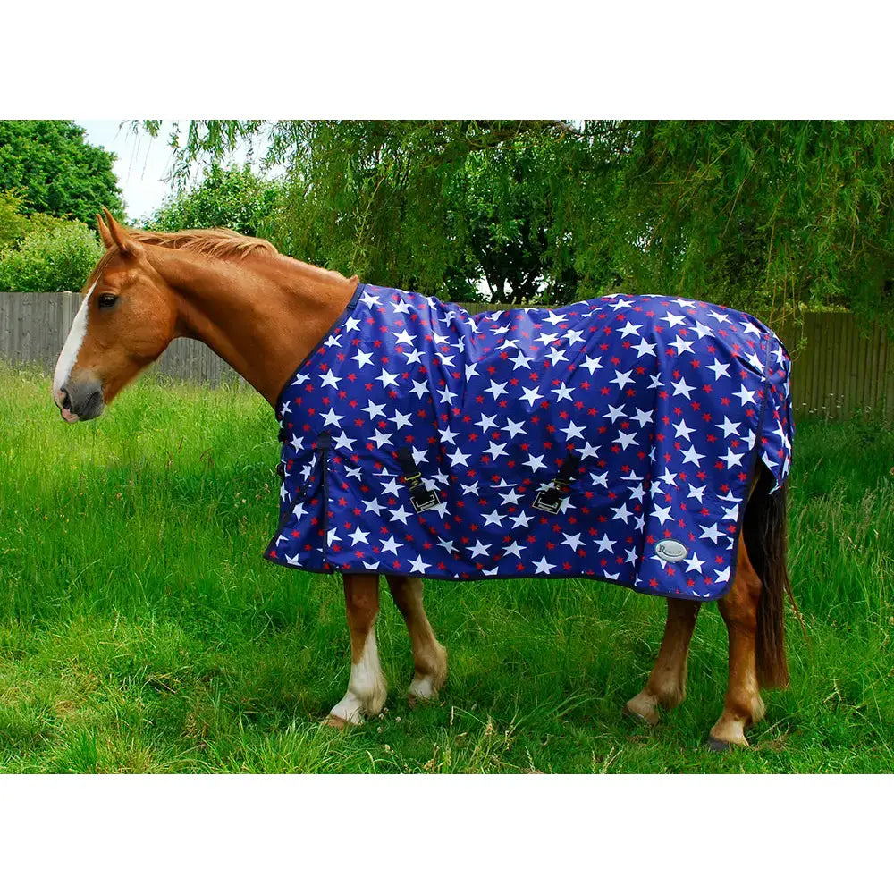 Rhinegold star and dottie bolivia outdoor lightweight turnout rug in blue with star pattern and white red accents