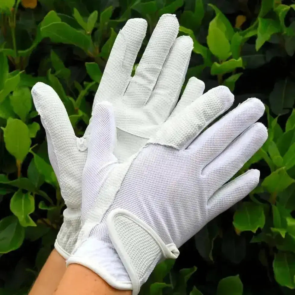 White super stretch mesh back riding gloves with reinforced fingertips and adjustable wrist straps by rhinegold super stretch