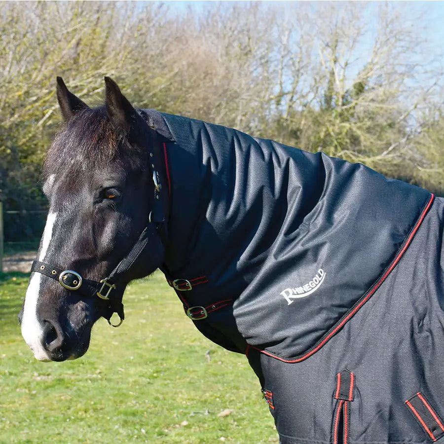 Black rhinegold thor neck cover with red trim and white logo perfect for horse protection and warmth