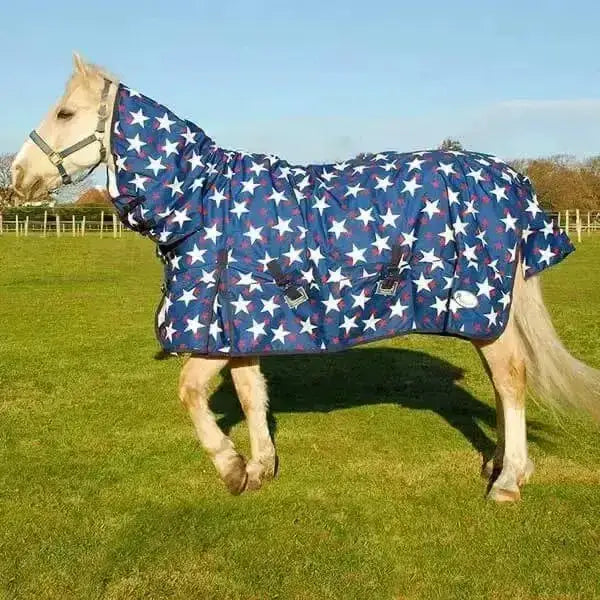 Blue star patterned rhinegold torrent star turnout rugs with white and red accents designed for warmth and comfort