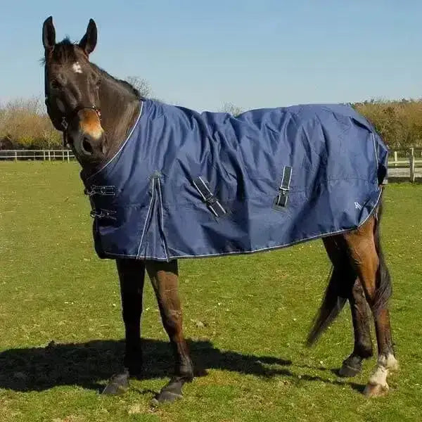 Navy blue rhinegold turnout rugs arizona 100g light with silver buckles and reinforced stitching for horses