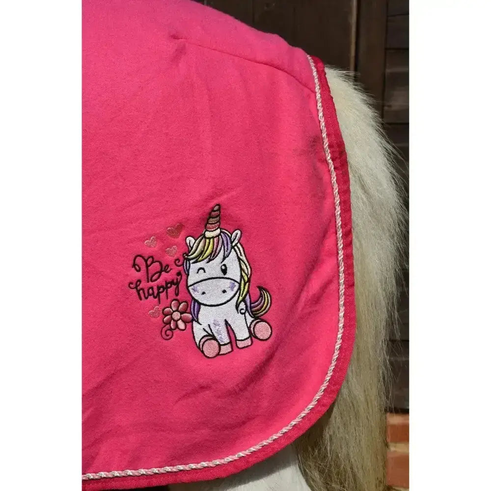 Bright pink rhinegold unicorn embroidered fleece rug with cute unicorn and be happy phrase on soft fleece blanket