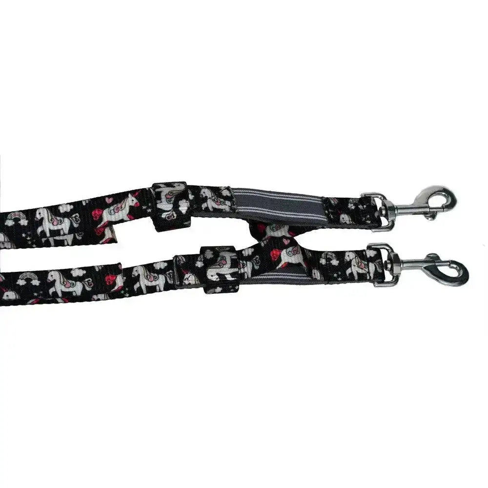 Black fabric rhinegold unicorn pony side reins with white horse pink rose pattern and silver trigger clip ends