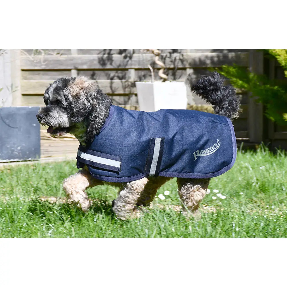 Navy blue rhinegold waterproof dog coat with reflective silver stripes and touch tape for safety and durability
