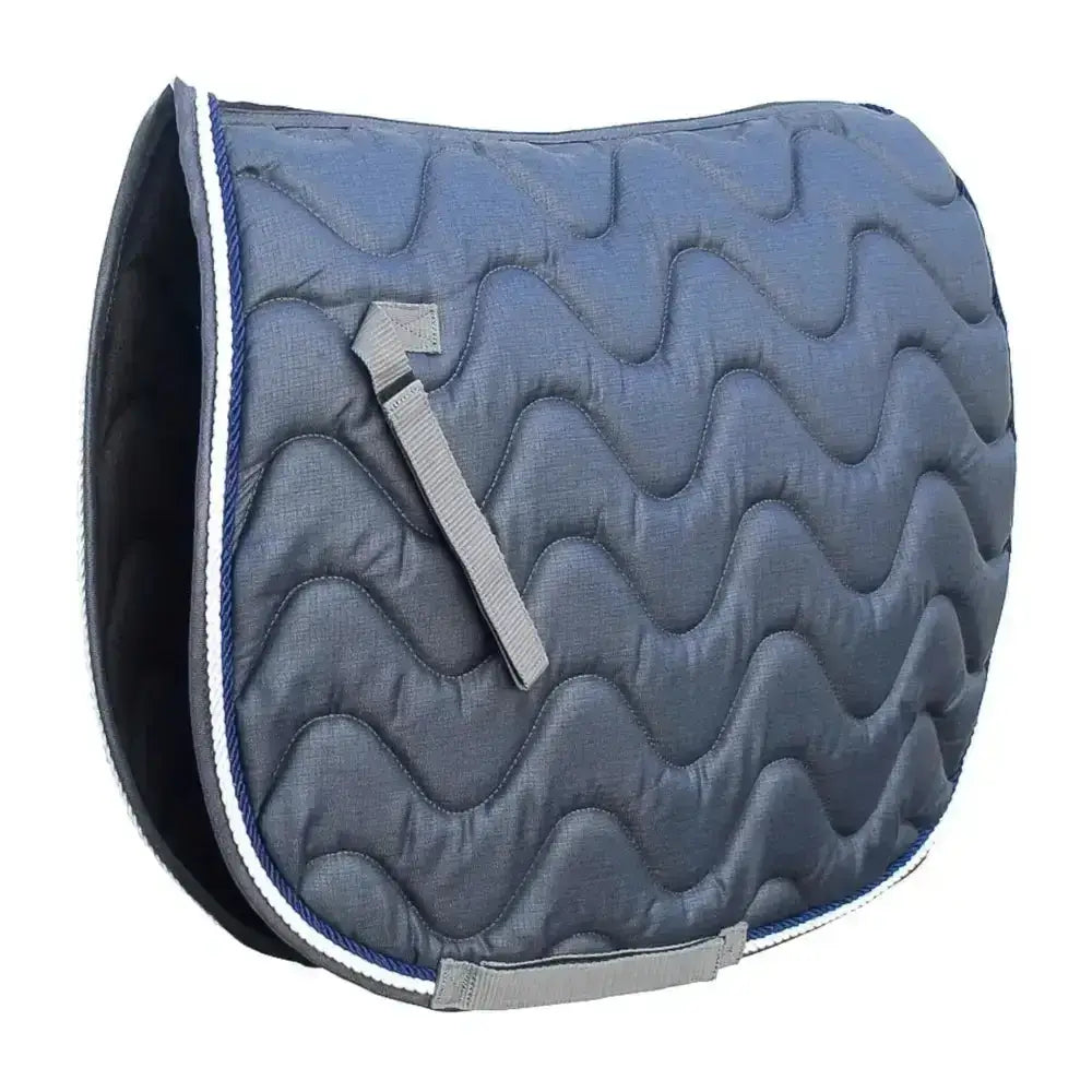 Blue quilted rhinegold wave saddle cloth with white and navy trim made from wickable waffle fabric