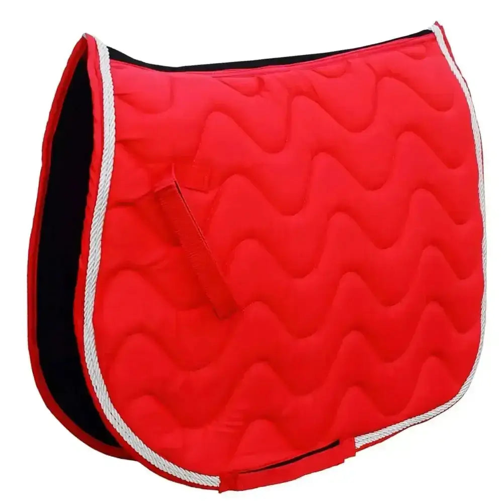 Red quilted rhinegold wave saddle pad with white rope trim black inner lining made from wickable waffle fabric