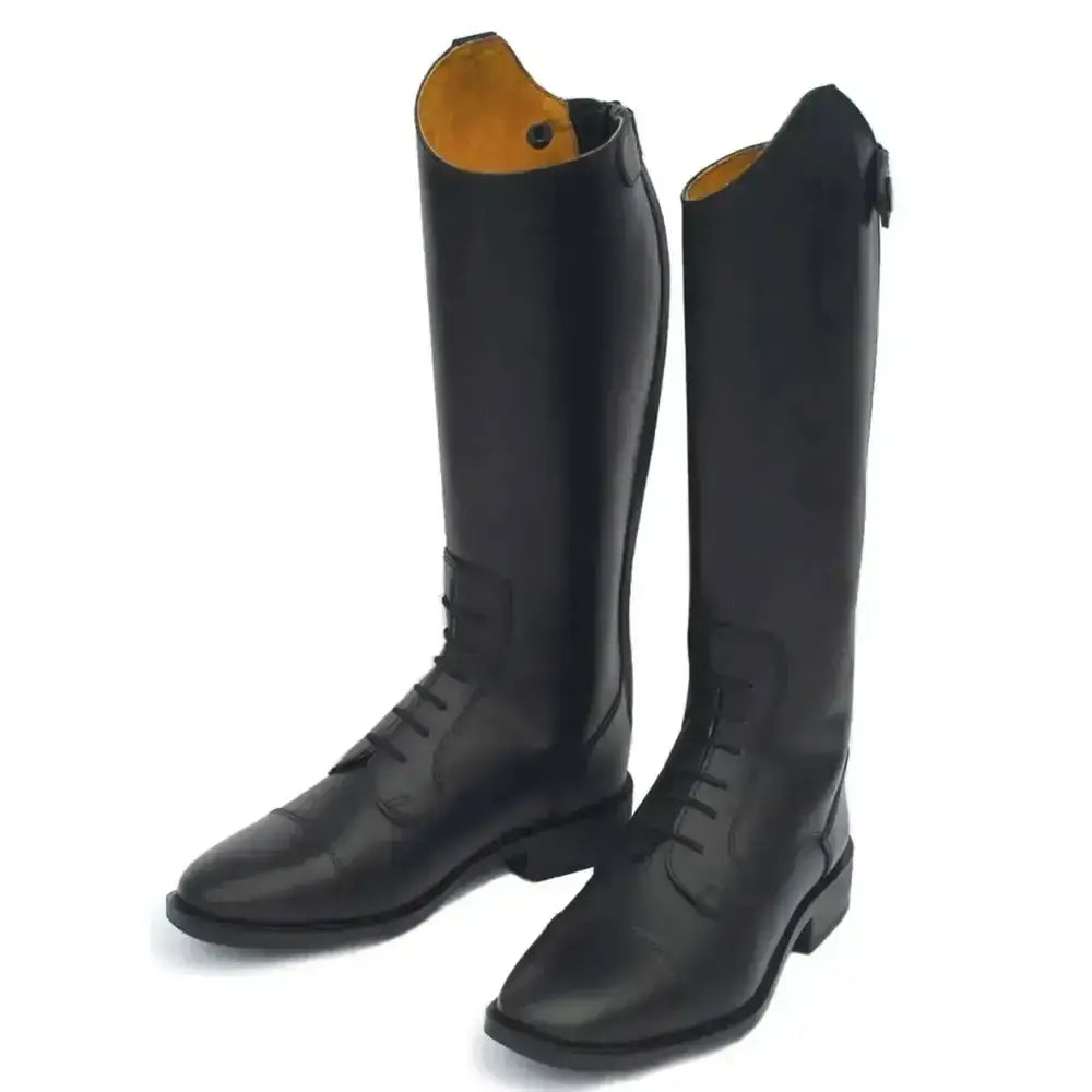 Black leather long leather riding boots with smooth finish and tan lining from rhinegold young rider berlin