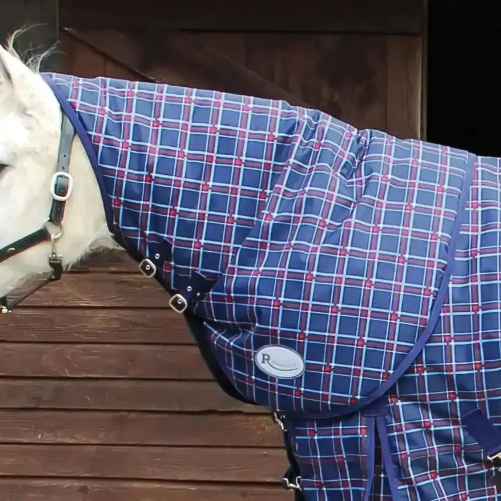 Blue and red plaid rhinegold zeus neck larger design neck cover with black buckles for horse warmth and protection