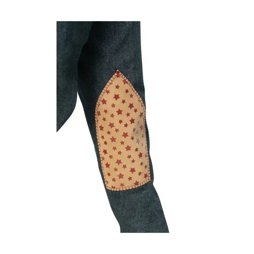 Beige star patterned elbow patch with red stitching on dark denim fabric from riding star collection denim jodhpurs by little rider
