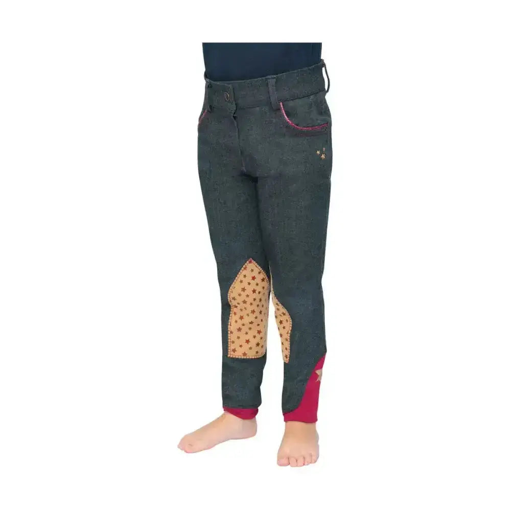 Dark green riding star collection denim jodhpurs with tan star knee patches and red trim cuffs by little rider