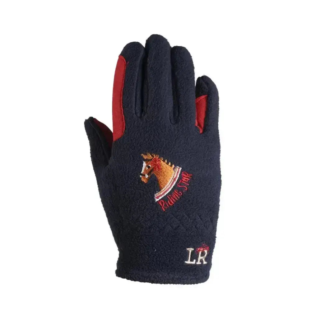 Navy blue fleece riding gloves with red fingertip accents and embroidered horse logo from riding star collection by little rider