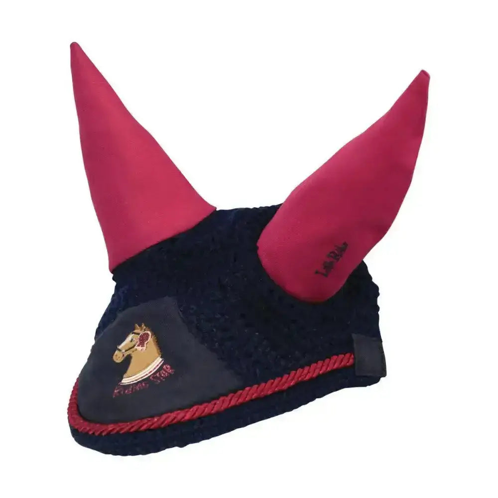 Navy blue riding star collection fly veil with bright pink horn flaps and embroidered horse logo for pony protected use
