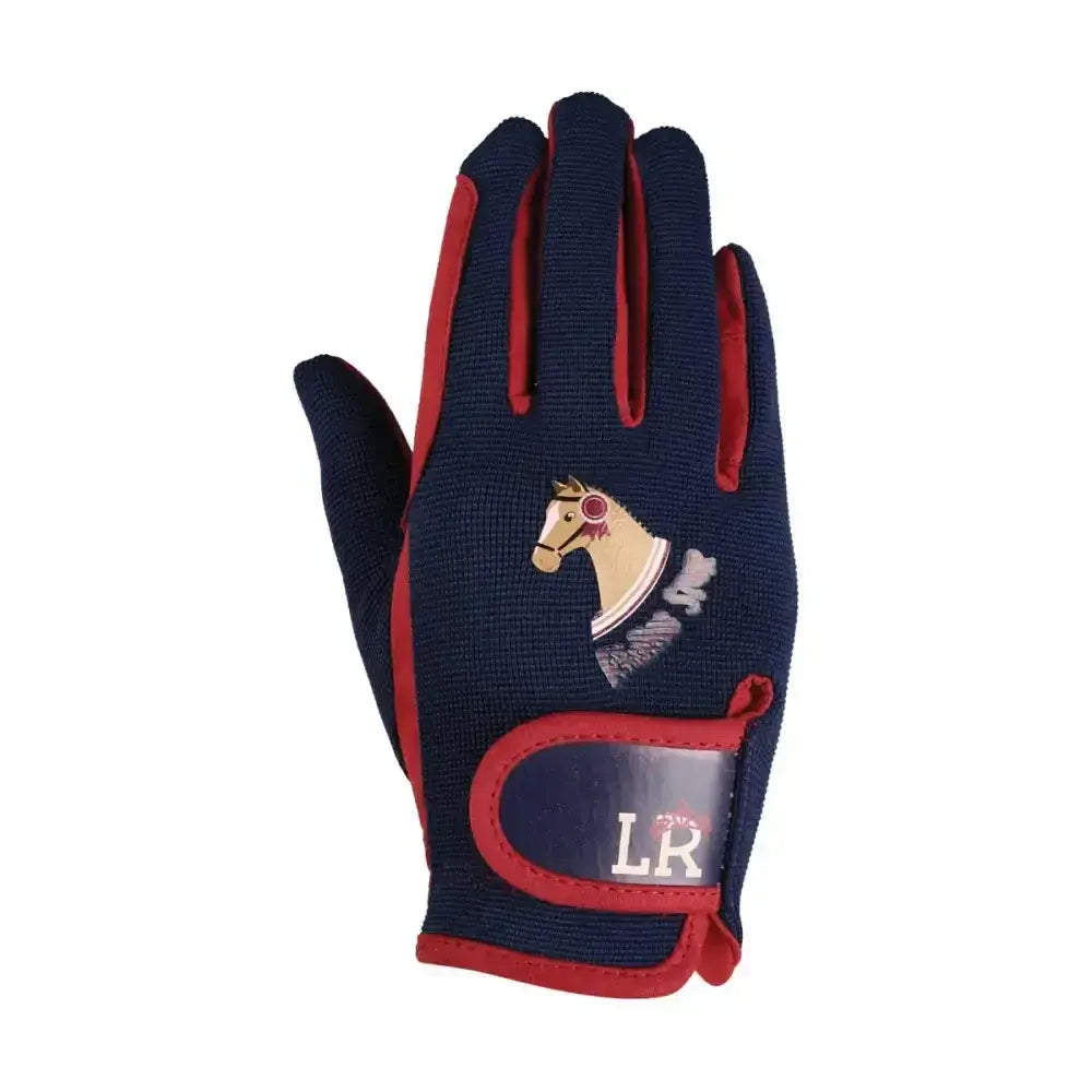 Navy blue and red riding star collection riding gloves showing the back with embroidered horse design by little rider