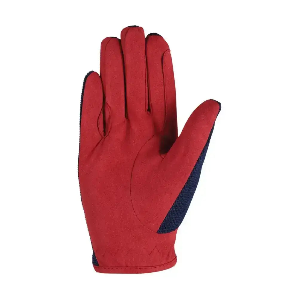 Red and navy blue leather riding star collection gloves with reinforced palm panels for better grip