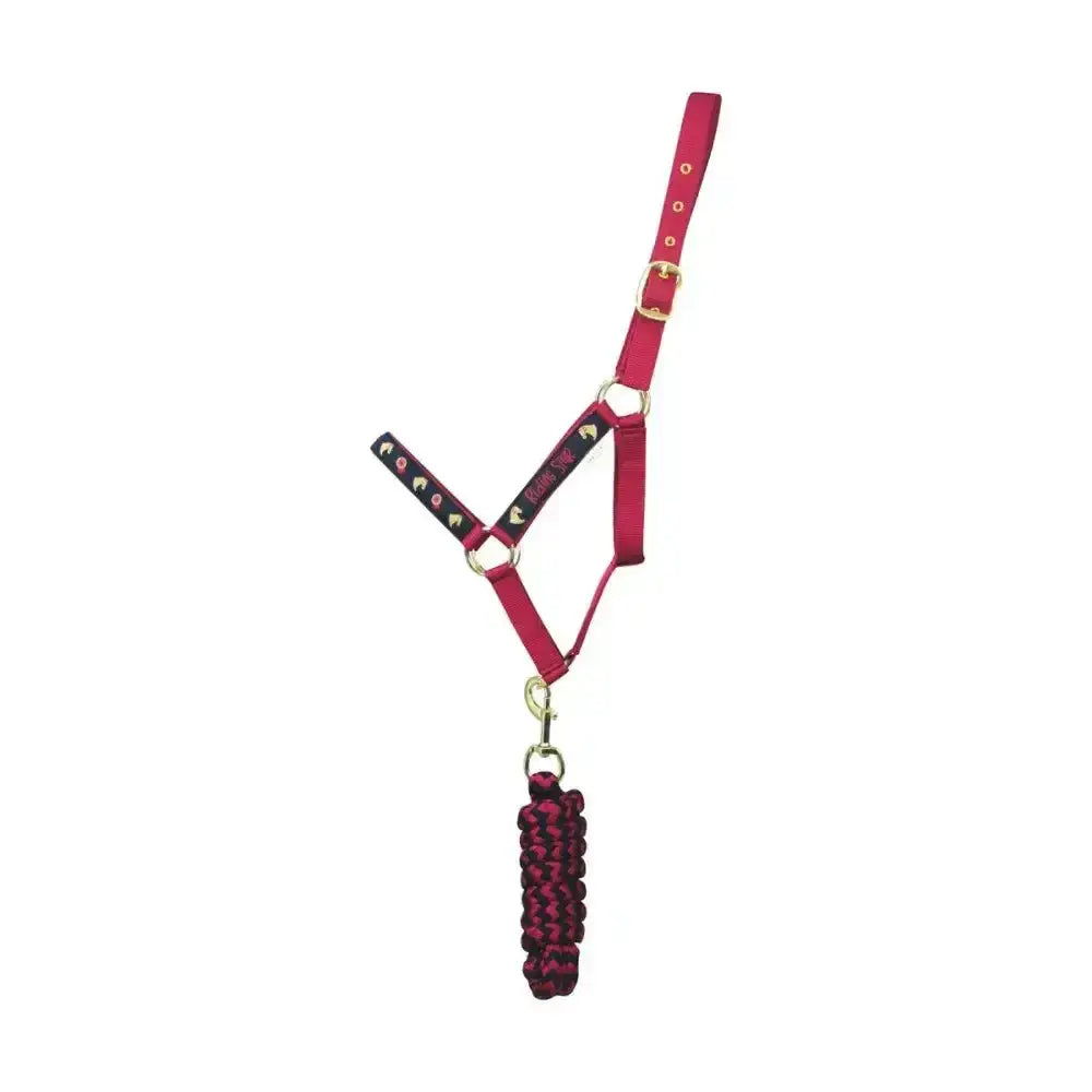 Fuchsia horse halter with black patterned straps and braided lead rope from riding star collection head collar set by little rider