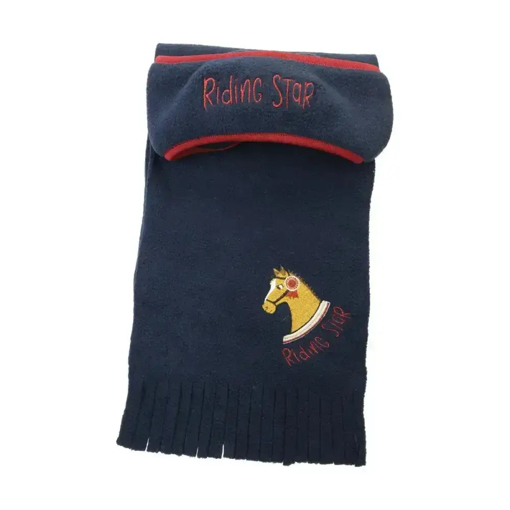 Navy blue fleece scarf with red trim and textured appliqué horse from riding star collection by little rider