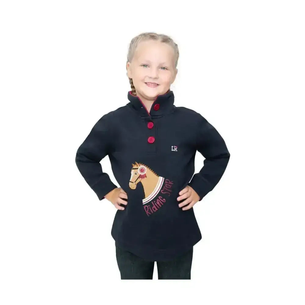 Navy blue long-sleeved riding star collection jumper with red buttons and textured appliqué horse by little rider