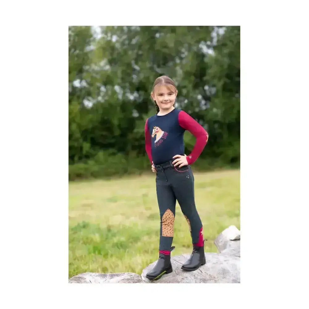 Navy and red long sleeve t shirt from the riding star collection with a horse graphic perfect for equestrian fans