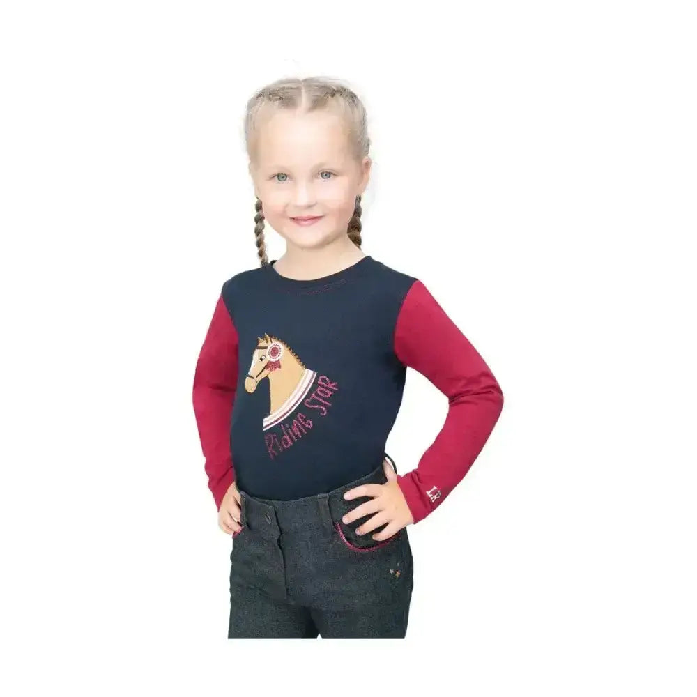 Navy blue and red long sleeve t-shirt from riding star collection with embroidered horse and riding star text
