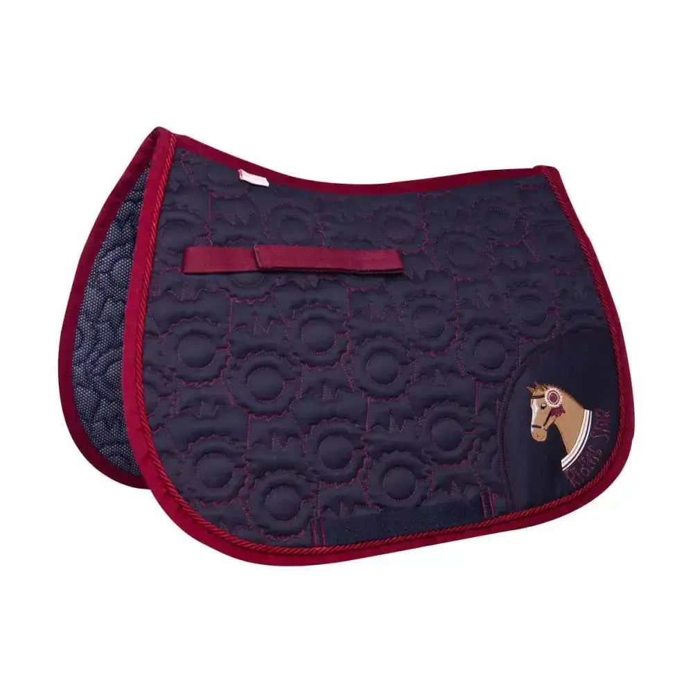 Navy blue quilted riding star collection saddle pad with red trim and standout applique horse’s head by little rider
