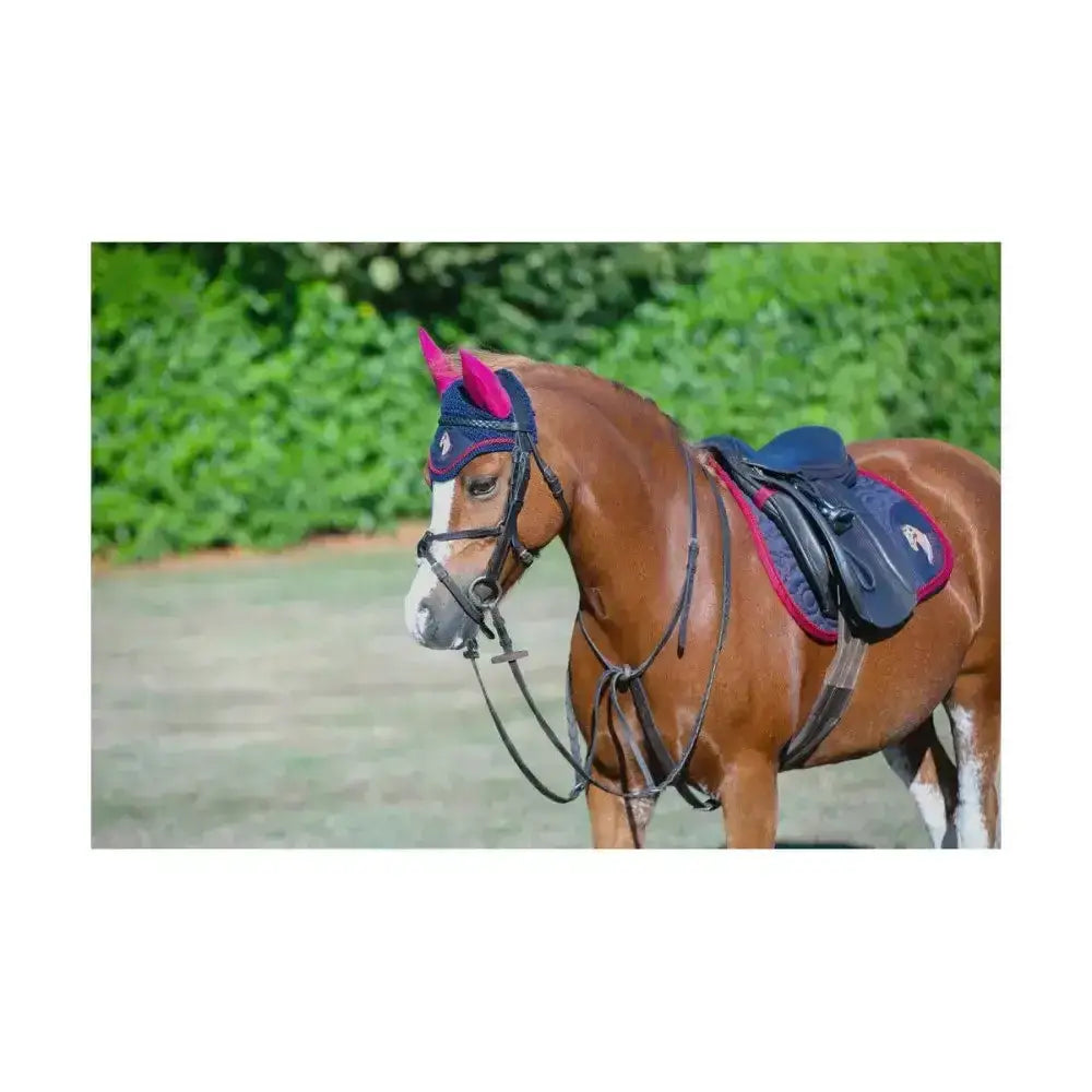Riding star collection navy saddle pad with standout applique horses head cover in pink and navy by little rider