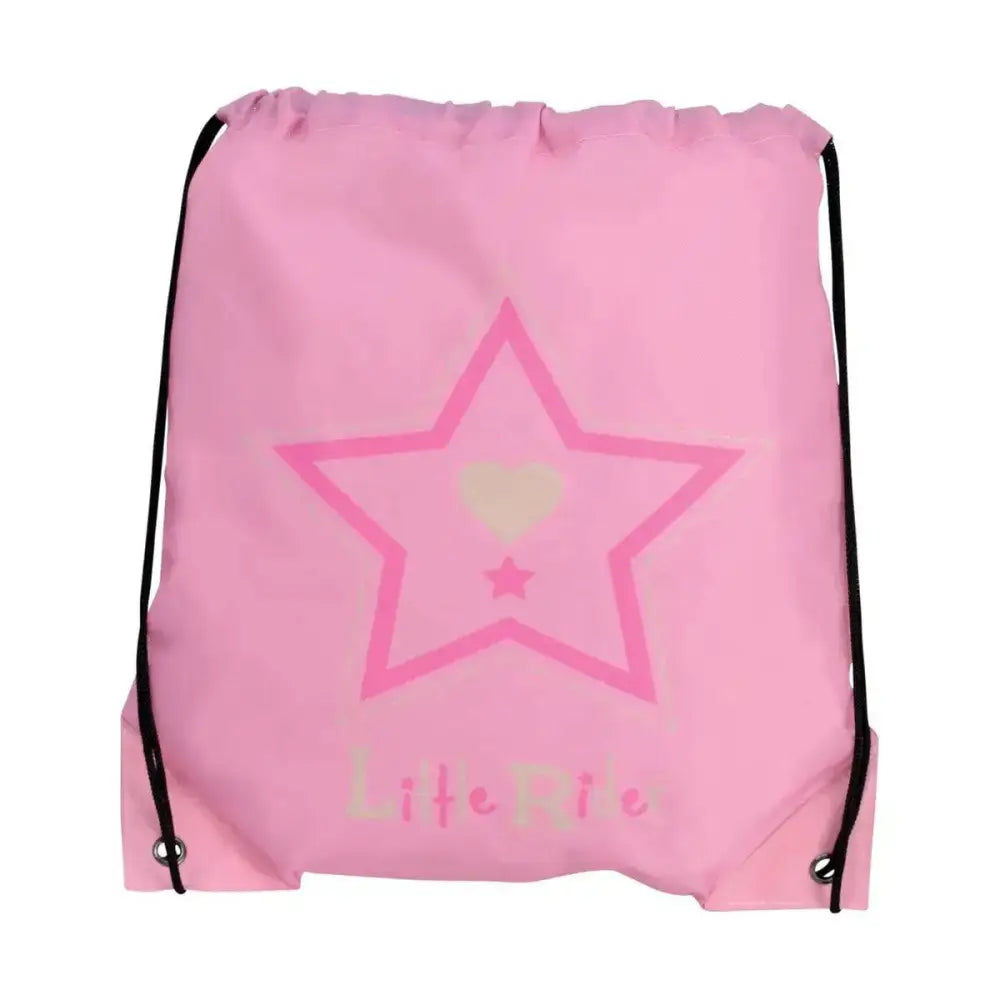 Pink riding star drawstring backpack with star design and liferie print perfect for childs horsey related use